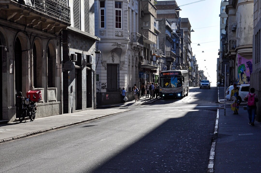 Cobblestone street in Ciudad Vieja Montevideo with colorful old buildings